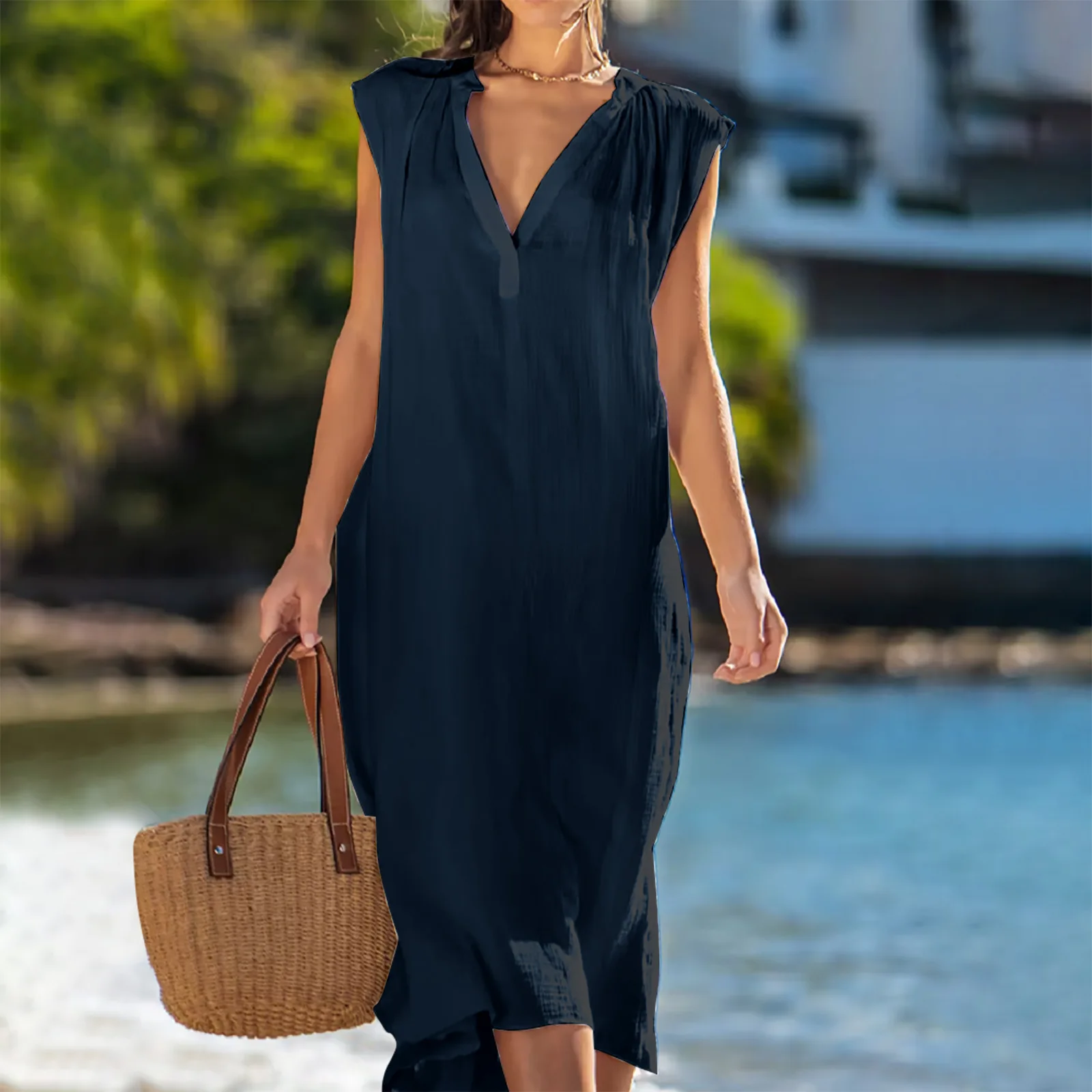 

Dress Women Summer 2023 Cotton Linen Sleeveless Solid Loose V-Neck Fashion Casual Women's Dresses New Femme Vestidos