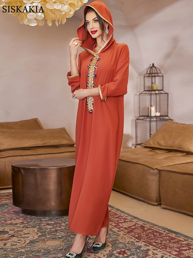 

Женское облегающее платье с капюшоном, стразы, на пуговицах, с лентой, с разрезом, атласный кафтан, халат, Дубай, Galabiyas, мусульманские Вечерни...