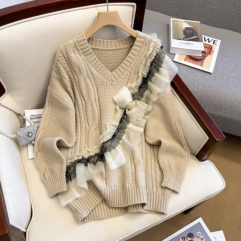 

Mesh Ruffles Spliced Sweater Women Pullovers 2023 Autumn Winter V-Neck Long Sleeve Thick Warm Knitted Tops Chic Vintage Jumpers
