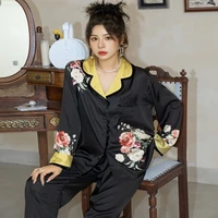 pyjama pour femme long sleeve sleepwear sation silk luxury fashion flower printed pijama mujer pajamas nigthwearrr