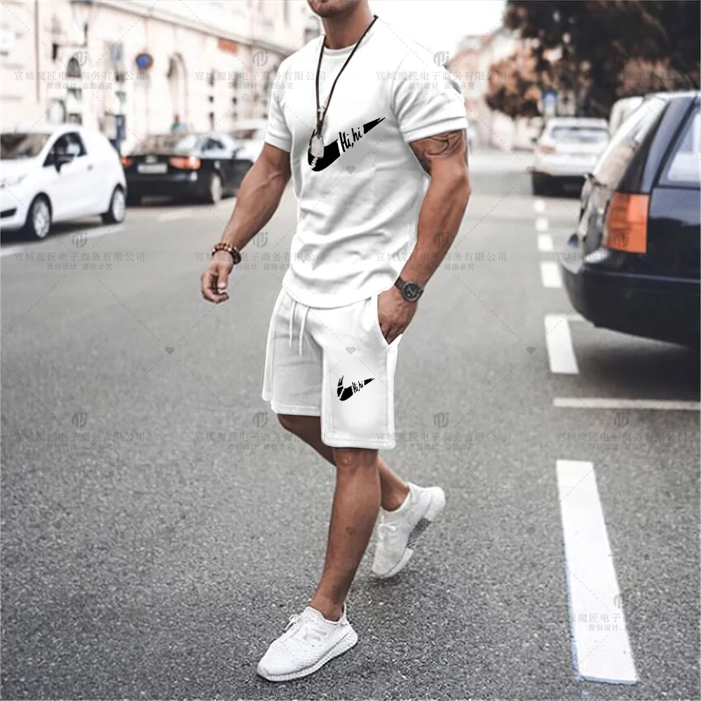 Brand Letter Hi Printed T-shirt Beach Pants 2023 Fashion Harajuku Casual T-shirt Summer Short-Sleeved Top T-shirt Shorts Suit