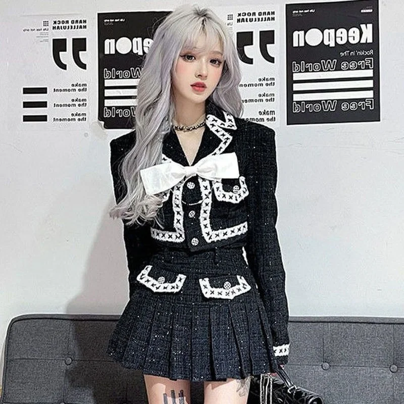 

Black Y2k Two Pieces Set Women Crop Blazer Jackets + Mini Pleated Skirts Girls Punk Gothic Outfits 2022 Ins Korean Suit Vestido
