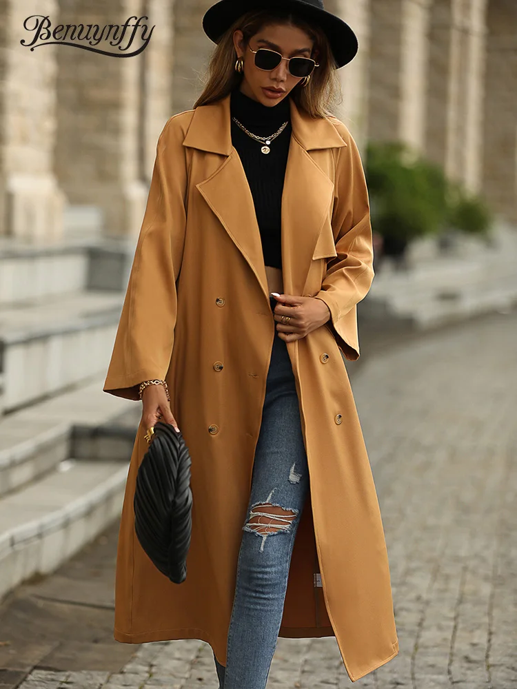 

Benuynffy Notched Neck Solid Double Breasted Belted Trench Coat Women Autumn Elegant Vintage Long Coats Female Casual Outwear