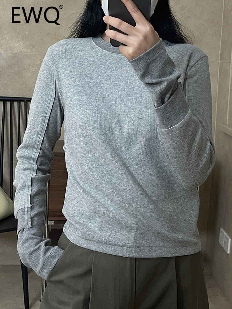 

EWQ Spliced Design Bottoming T-shirt For Women Solid Round Neck Long Sleeve Simplicity Female Tops 2023 Autumn New 26D5519