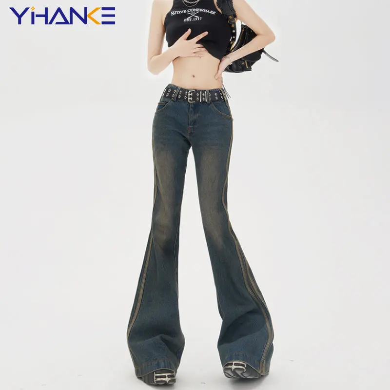 

Vintage Blue Low Rise Jeans Women Flare Pants Fashion Side Stripe Streetwear Wide Leg Jean Female Denim Trouser Baggy Pants Y2k
