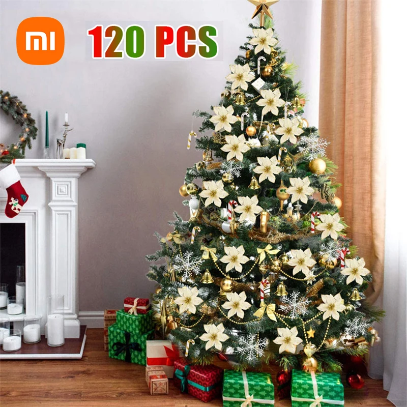 

Xiaomi 120 шт. подвесное украшение для рождественской елки, наборы с блестящими золотыми цветами, подвеска для дома, рождевечерние, снежинки, кол...