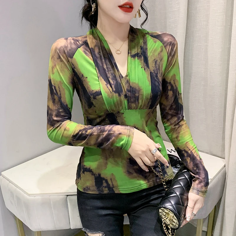 

Fall Winter European Clothes Mesh T-Shirt Fashion Sexy V-Neck Draped Print Women Tops Long Sleeve Bottoming Shirt New Tees 9383