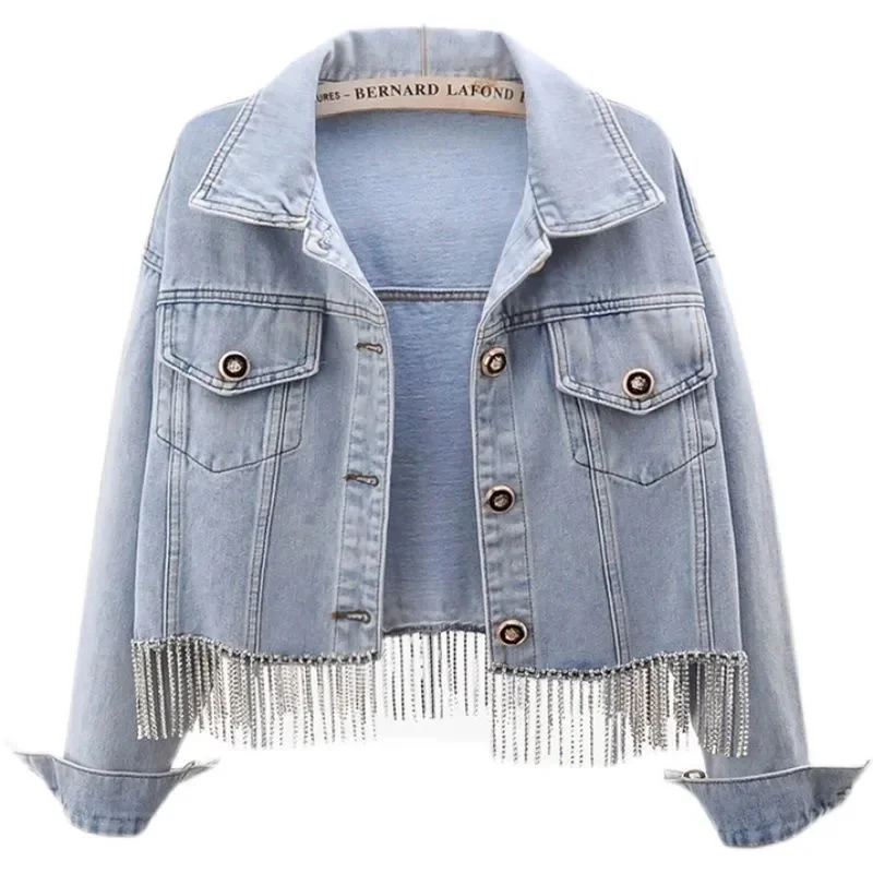 

Ladies Denim Jacket Women 2022 New Autumn Turn Down Collar Jackets Long Sleeve Casual Bomber Jacket Tassel Jeans Coat Outerwear