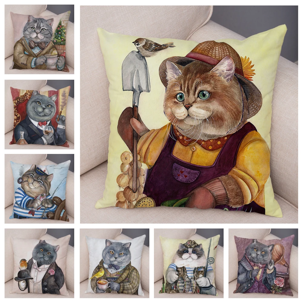 

Watercolor Worker Cat Pillowcase Decorative Cartoon Animal Pillowcase Cushion Cover Children Gift Sofa Home