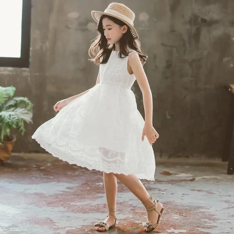 

Kids Dresses 2022 Sundress White Wedding Party Lace Girl Dress Sleeveless Children Carnival Spring Autumn 5 6 8 10 12 Years