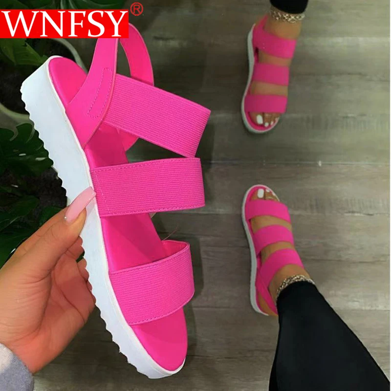 

Wnfsy Women Sandals Summer Casual Solid Color Shoes Slip-On Thick Bottom Elastic BandFemale Flats Plus Size Women Beach Shoes