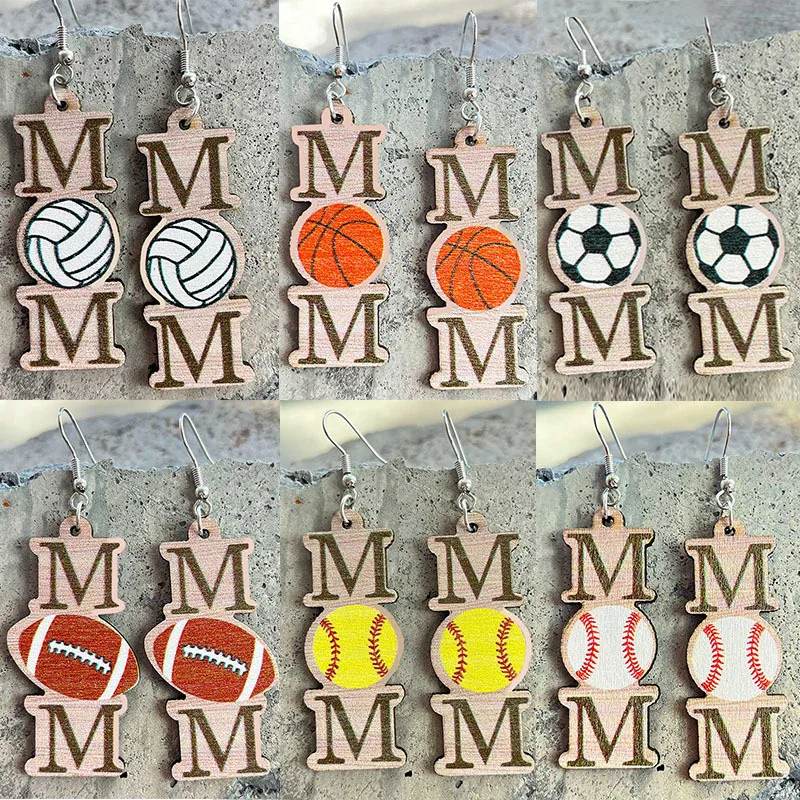 

New Mother's Day Earrings Ball Games Baseball Softball Basketball Football Earrings Wooden Simple Outdoor Sports Ear Rings