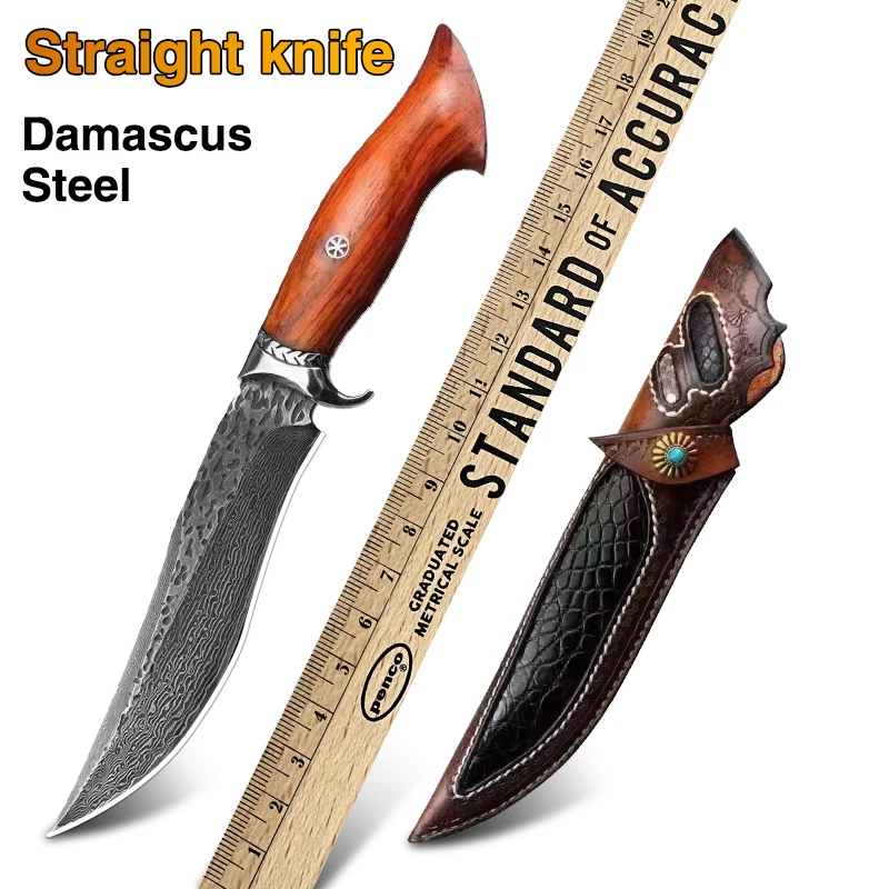 

Handmade Hunting Knife Damascus Steel Fixed Blade Knife Leather Sheath Dalbergia Wood Handle Outdoor Survival Camping EDC Tool