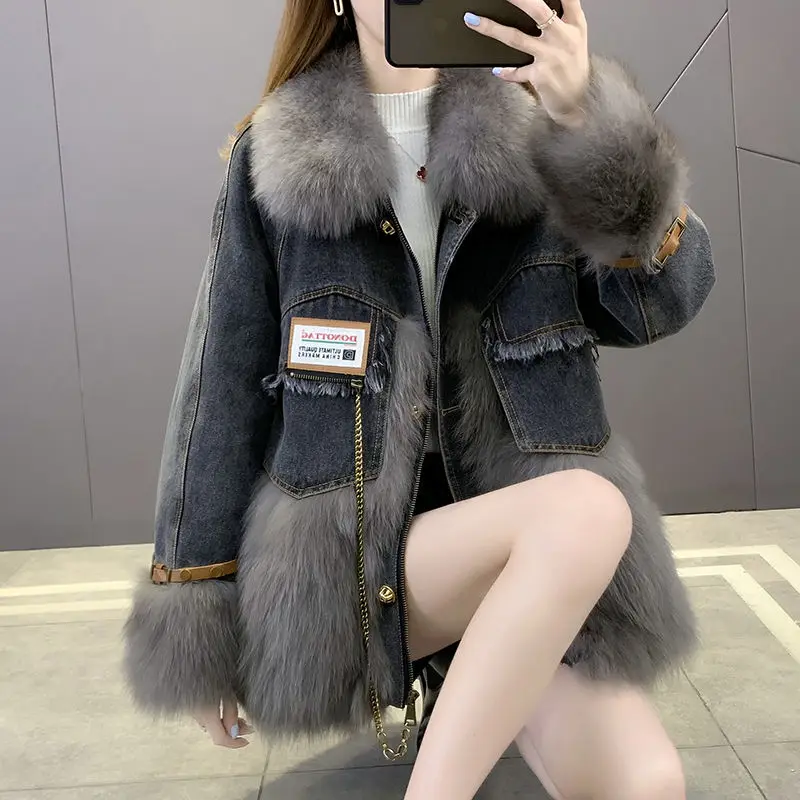 2023 зимняя джинсовая куртка из лисьей кожи утолщенная Новая женская короткая