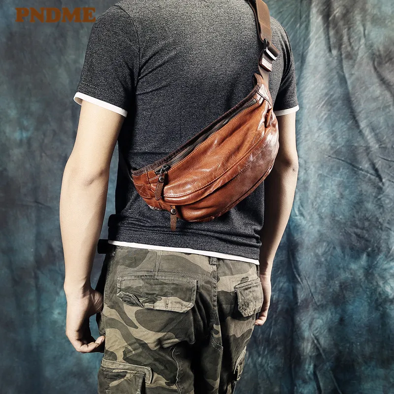 Fashion vintage natural genuine leather men chest bag high quality soft cowhide waist packs casual sports shoulder messenger bag