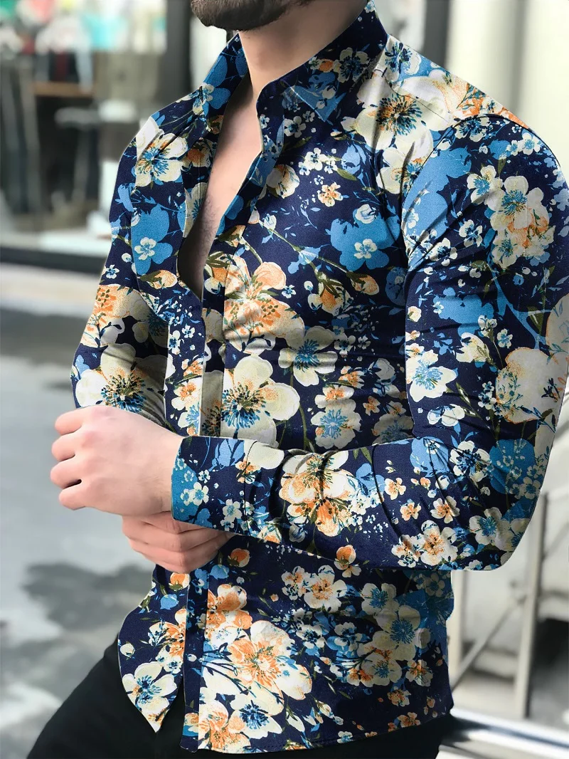 

High Quality Luxury Fashion Men Shirts Oversized Casual Shirt Flowers Print Long Sleeve Tops Men's Clothes Prom Cardigan