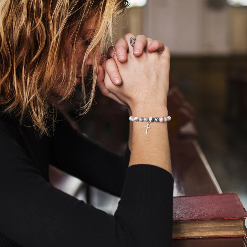 Природный камень крест браслет розовая зебра роза кварцевый бус подвеска