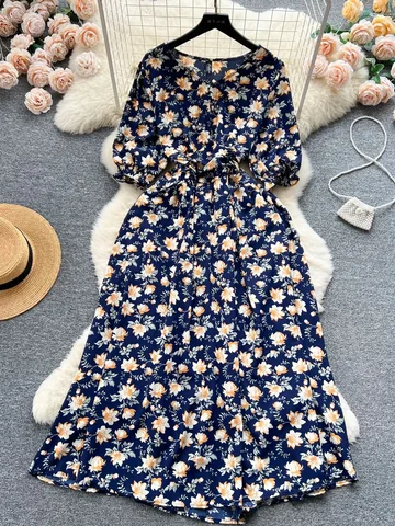 Женское драпированное платье с коротким рукавом, Элегантное Длинное пляжное платье для отпуска с цветочным принтом, V-образным вырезом и высокой талией, лето