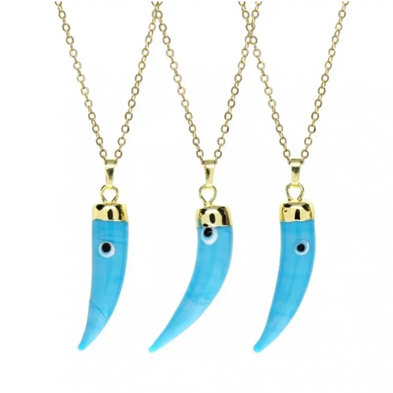 

5Pcs Jewelry Horn Tusk Evil Eye Blue Gold Color Copper Glass Crystal Azure Stone Necklace