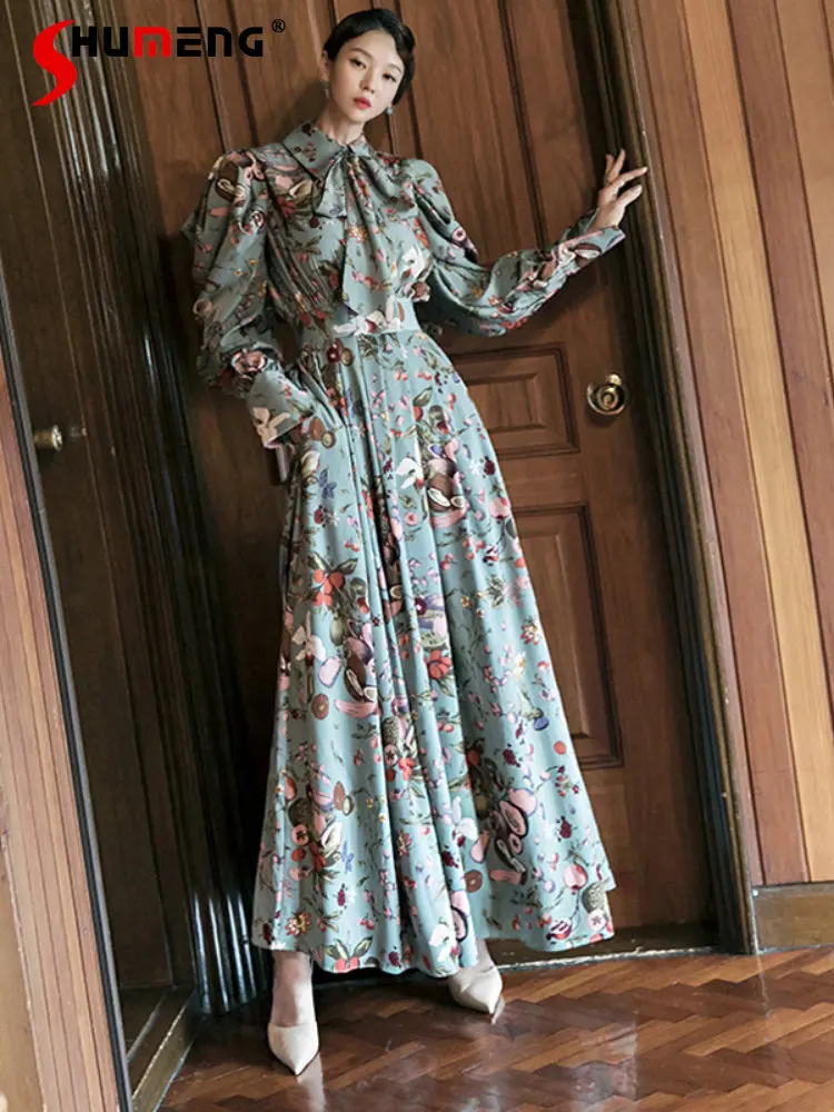

Beautiful Clothing High-End Long Sleeve Dress 2022 Autumn New Queen Floral Bow Silk Leading Dresses Vestidos Elegantes Mujer