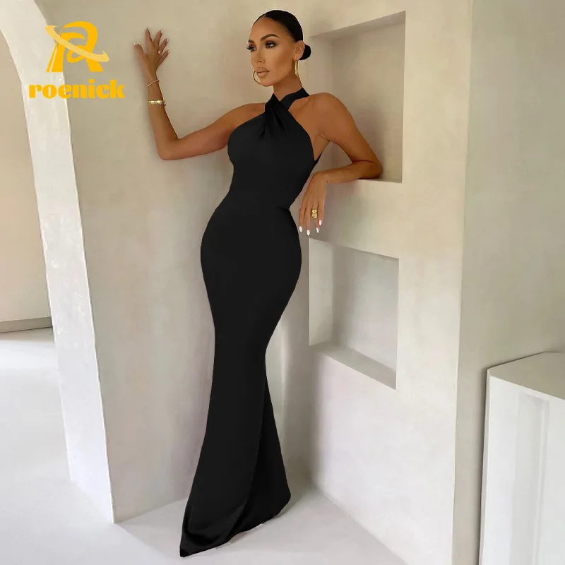 

ROENICK Women Sexy Satin Sleeveless Backless Maxi Dress Elegant Party Summer Off Shoulder Bodycon Vestidos Black Long Vestidos