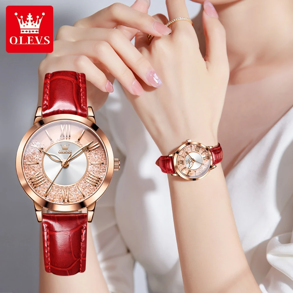 OLEVS 2023 New Top Brand Luxury Women Watches Fashion Red Leather Ladies Watch Waterproof Quarzt Wristwatch Montre Femme