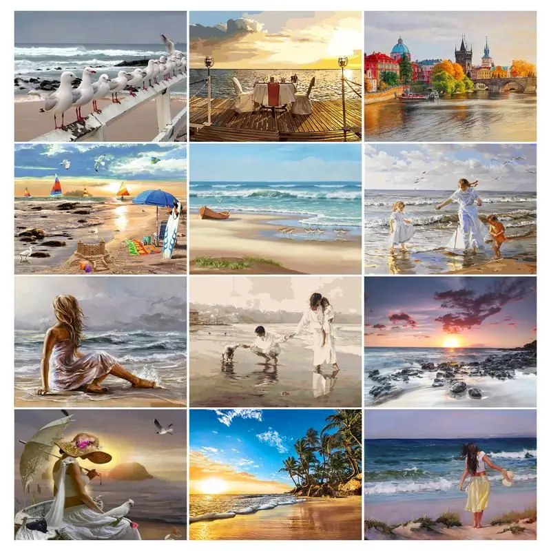 RUOPOTY Oil Painting by numbers Kits Picture Drawing Beach Scenery Handmade DIY Coloring by numbers Adults Crafts Home decor