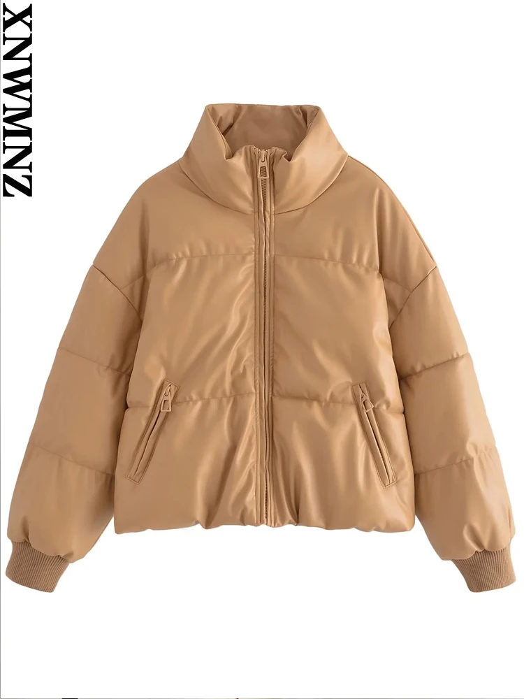XNWMNZ 2022 Women Fashion Faux Leather PU Cotton Jacket Woman Winter Coat Parka Thickened Warm Coat Female Chic Coat