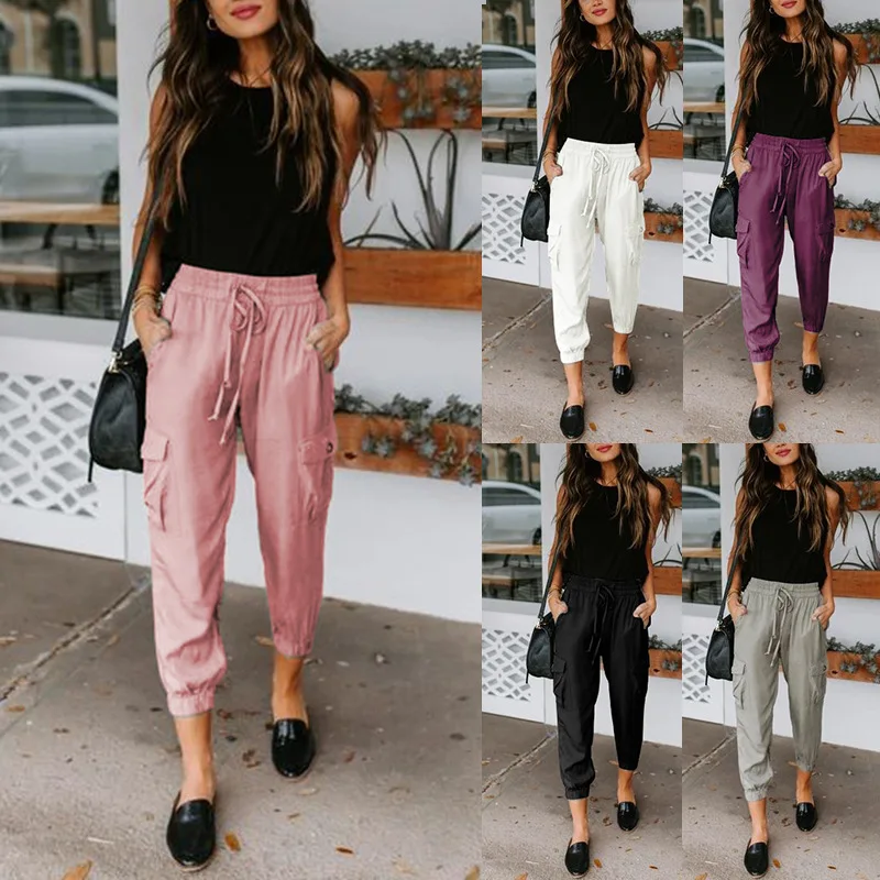 Spring and Summer New Style Pants Solid Color Loose Casual Pants Pocket Drawstring Leggings Women Female and Lady Pants Trousers