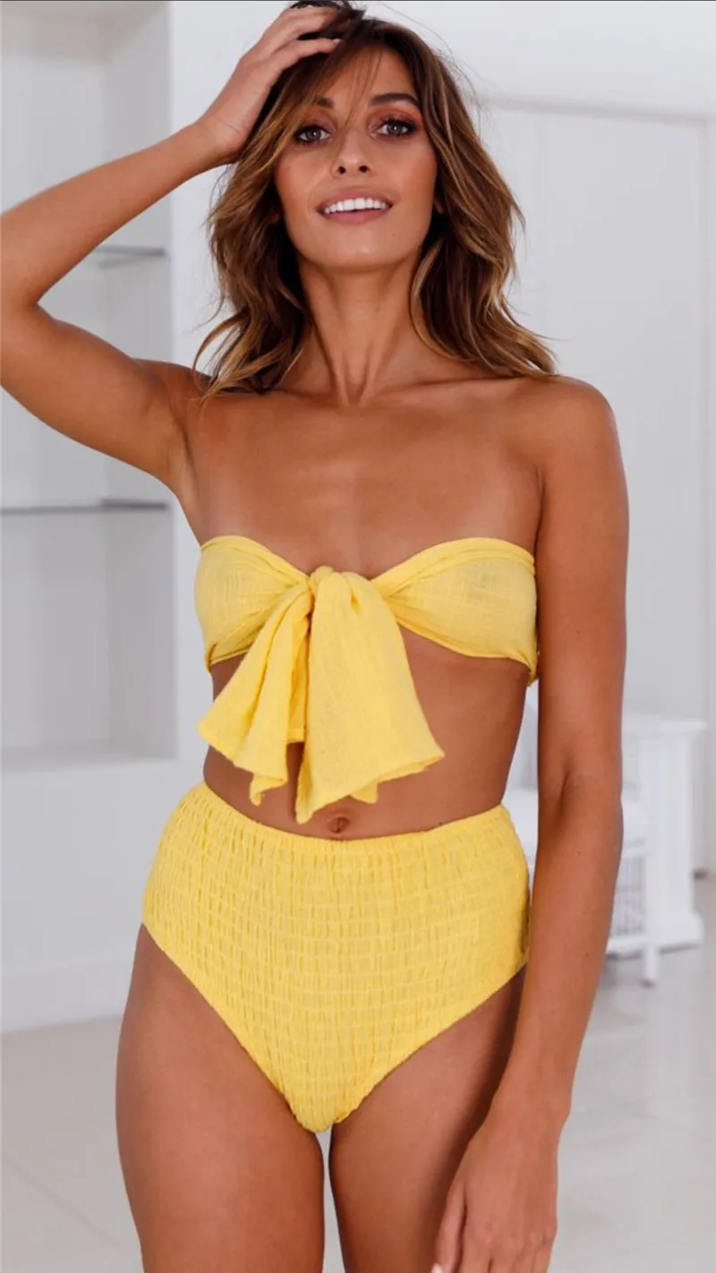 

Бикини с высокой талией и рюшами, 2023, женский сексуальный укороченный топ с бантом, купальник, однотонный купальный костюм, купальник пуш-ап, Женский бразильский