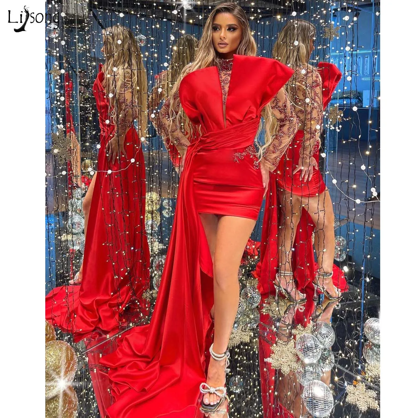

Newest Sexy Red Prom Dresses See Thru Full Sleeves Beaded Asymmetrical Prom Gowns High Collar Party Dress