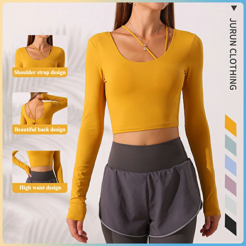 

Women's New Logo Yoga Top Sexy Skinny Crop With Chest Pad Athletic Long Sleeve Back Breathable Cutout Training Fitness T-Shirt