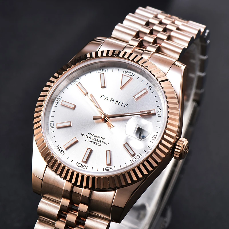 Модные мужские часы Parnis из розового золота с браслетом нержавеющей стали