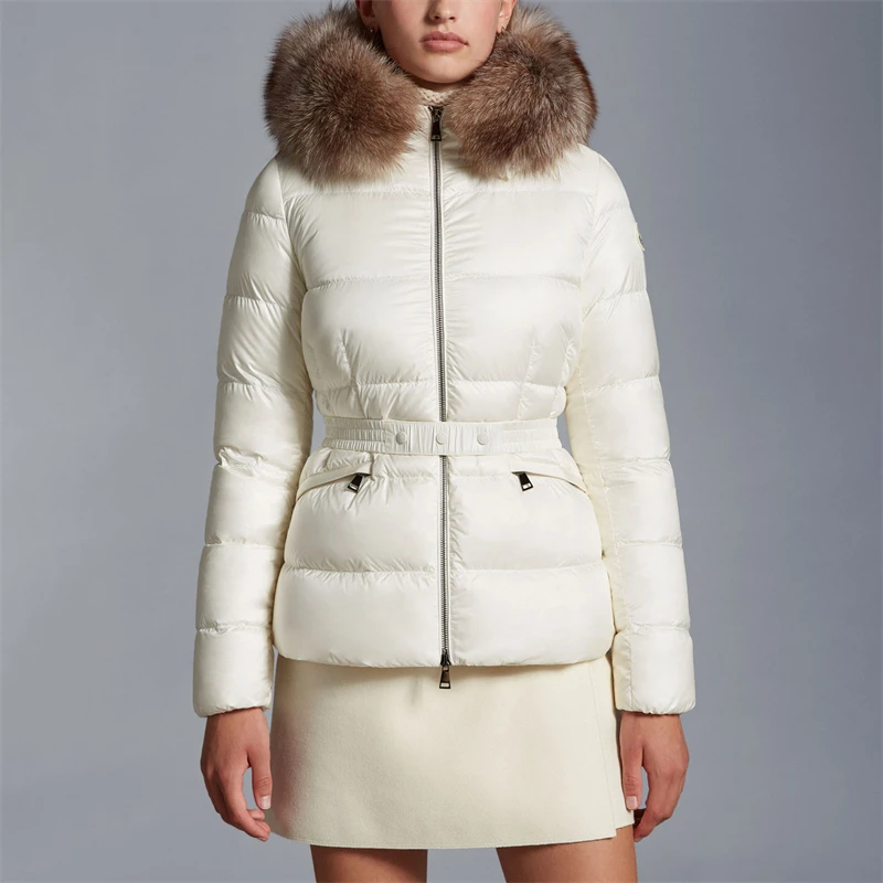 

winter new women's fox fur collar white goose down hooded down jacket high quality y2k thickened warm lace-up waist cotton coat