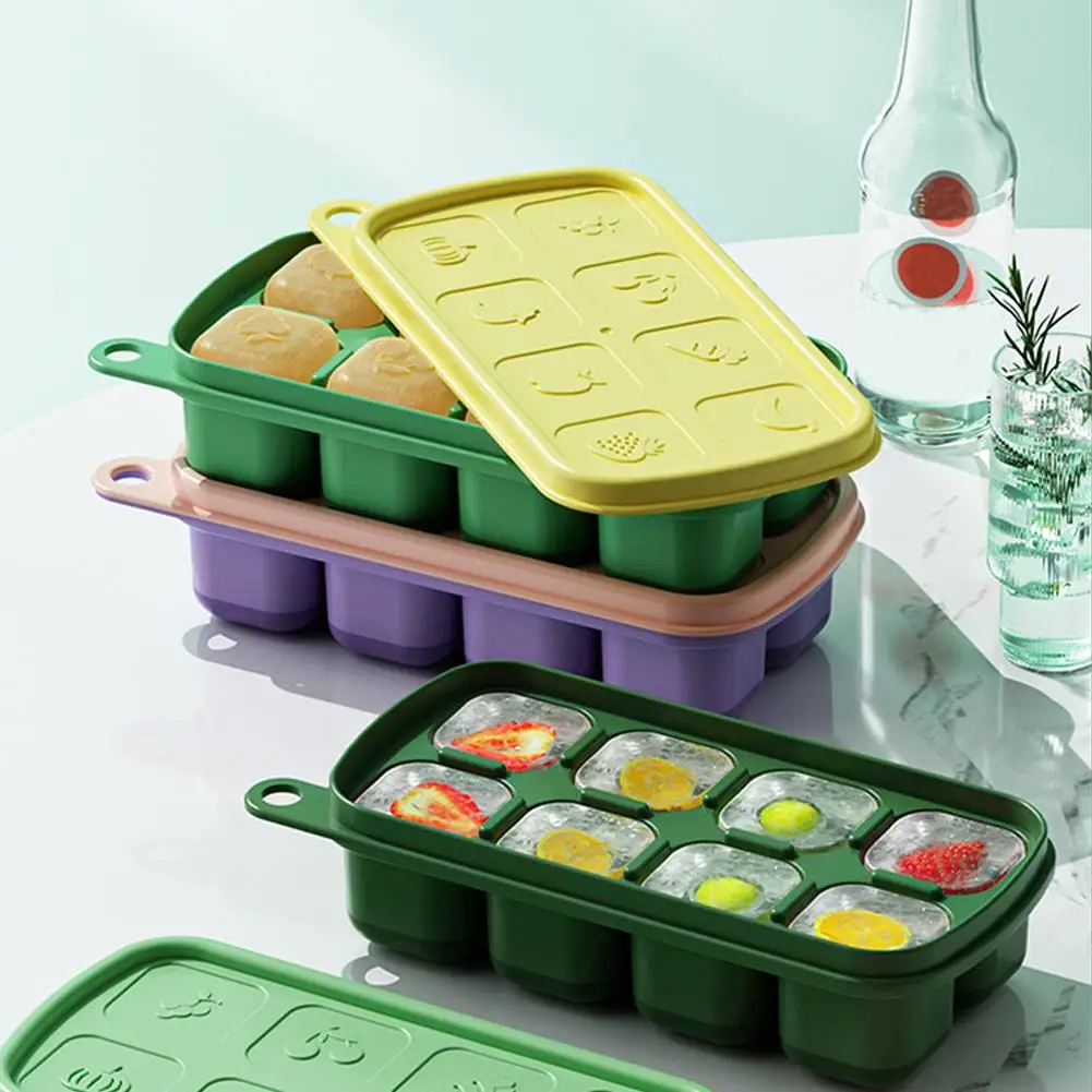 8 siatek z pokrywką i pojemnikiem Silikonowe tacki na lód do zamrażarki Łatwe uwalnianie Formy układania w stosy Letni napój lodowy DIY