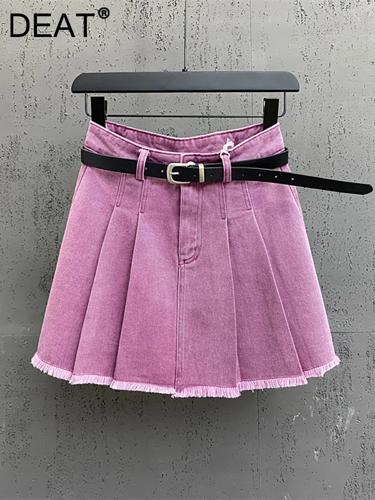 

DEAT Women's Denim Skirt Rose Pink Wash High Waist Belt Pleated Burrs Short A-line Mini Skirt 2023 Summer New Fashion 29L2640