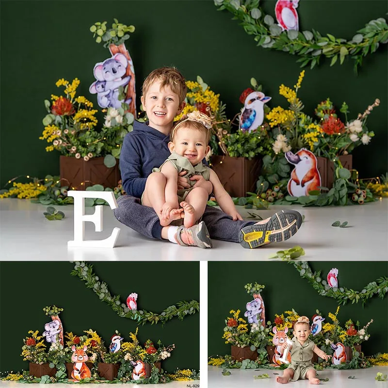 

Wild Animals Safari Party Backdrop Woodland Kids One Birthday Background Green Jungle Forest Cake Smash Photography Photo Shoot