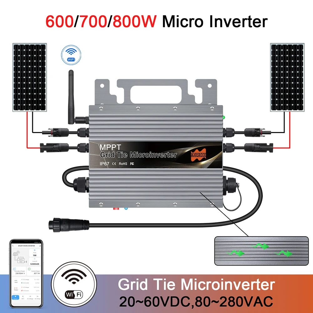 

600W 700W 800W Grid-Tie Inverter DC20-60V to AC 80-265V Pure Sine Inverter With WiFi Waterproof IP67 for Solar PV Panels