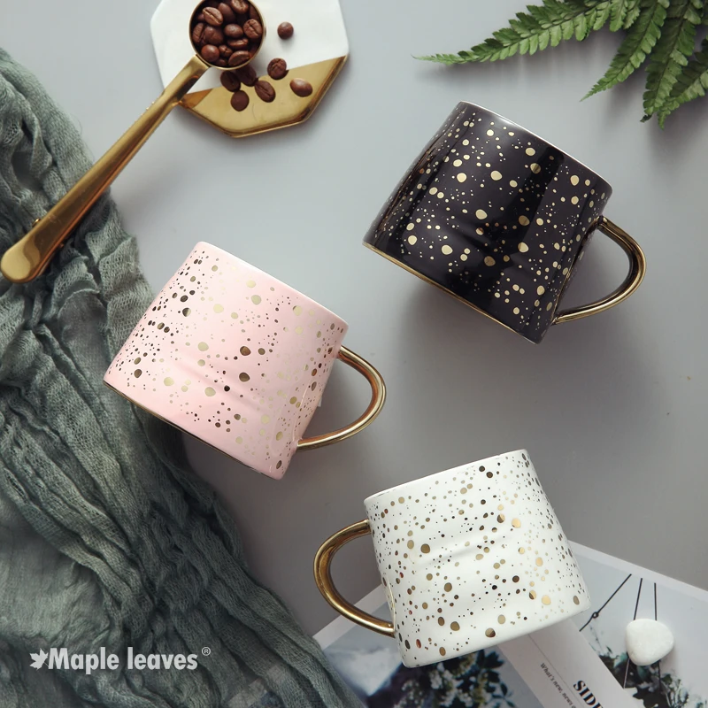 

Creative Nordic Ins Ceramic Cup Wave Point Star Sky Mug Office Coffee Cup Golden Handle Milk Tea Cup Breakfast Cup