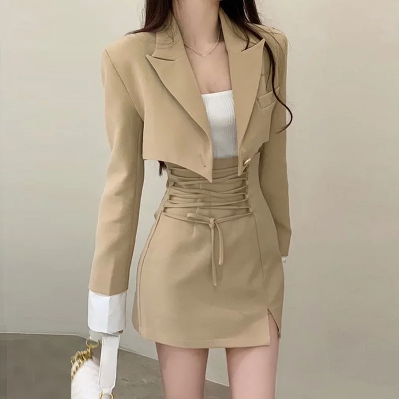 

Винтажные укороченные блейзеры, комплект из 2 предметов, женский элегантный костюм Y2k, куртка, пальто + мини-юбки на шнуровке с высокой талией, корейский Модный повседневный костюм