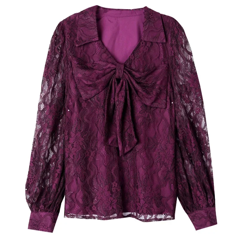 Новая кружевная женская блузка с отложным воротником и бантом длинным рукавом