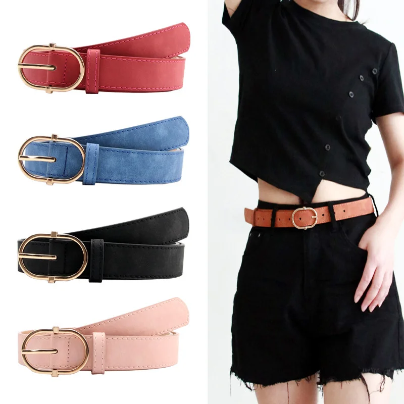 Matte Colors Solid PU Belts Women Retro Fashion Bands Casual Waistband Female Girdle Metal Buckle