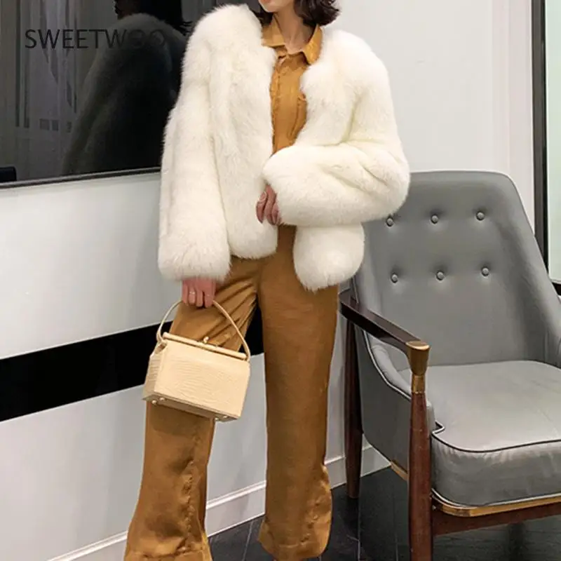 High Quality Faux Fox Fur Coat Women Winter Warm Long Sleeves Thick Fur Jacket Coat Female 2021 New Fashion Elegant Tops Slim