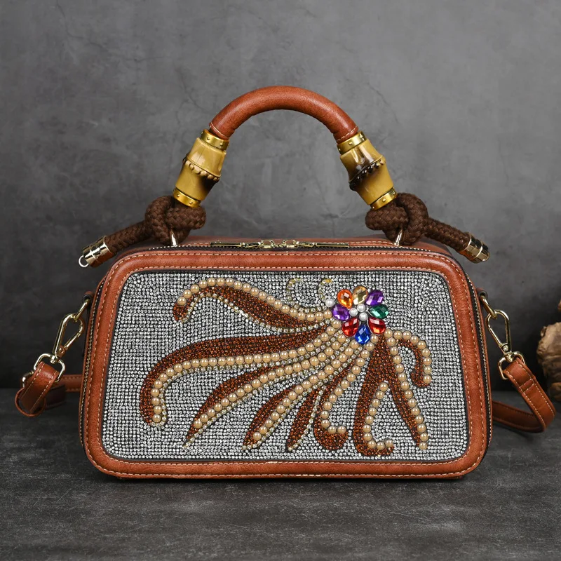 

New Handmade Diamond Set Women Leather Handbags Vintage Ladies Tote Bag Fashion Female Shoulder or Crossbody Bags