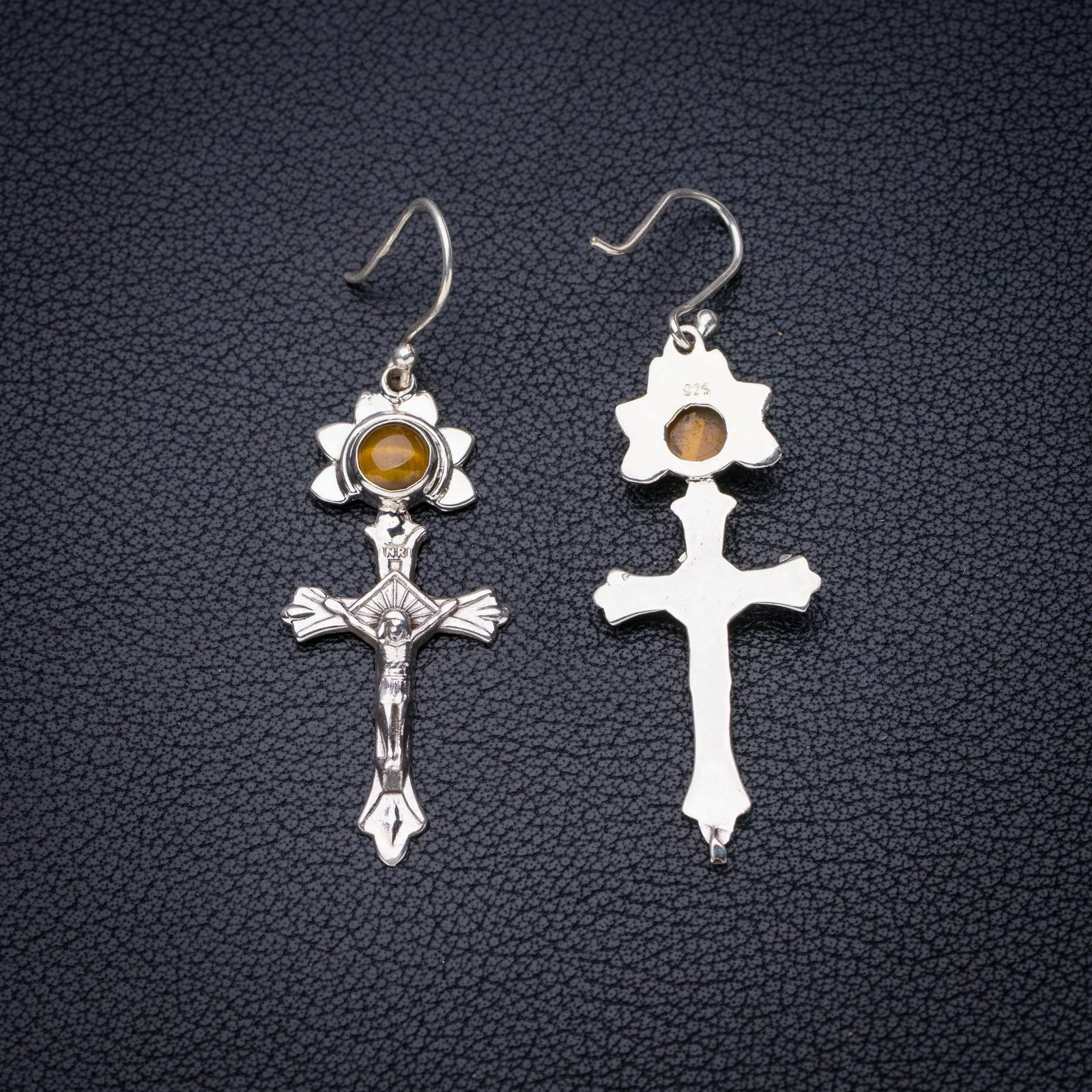 

StarGems Natural Tiger's Eye Cross Handmade 925 Sterling Silver Earrings 2" E6568