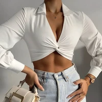 lapel top womens short t shirt 2021 new autumn wrap bow knot top long sleeved white clothes crop top v neck summer large