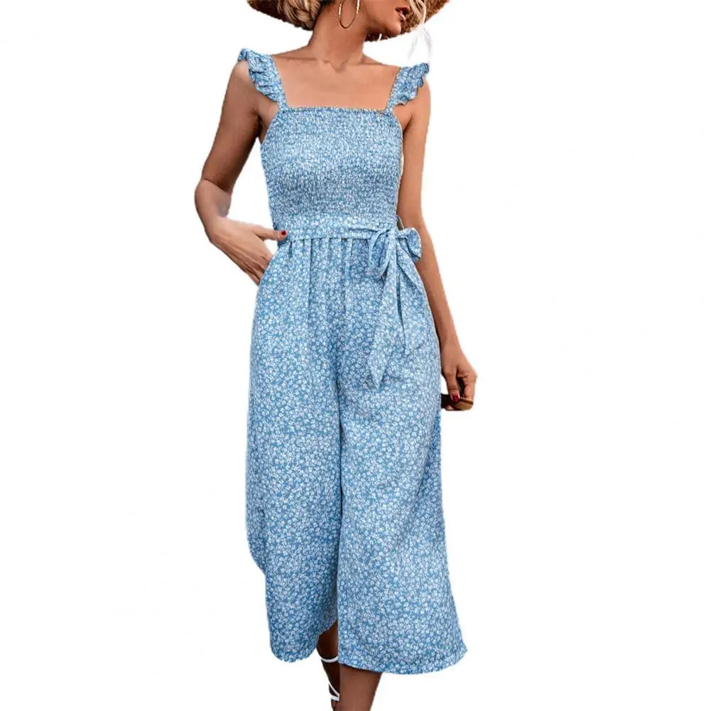 

Elegant Women Jumpsuit Floral Lace-up Summer Long Pants Wide Leg Loose Jumpsuit Overalls Party