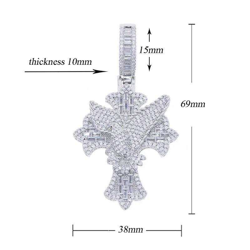 Iced Out Peace Dove Крест Ожерелье для Мужчин Зубец Оправа Кубический Цирконий Bling Cz