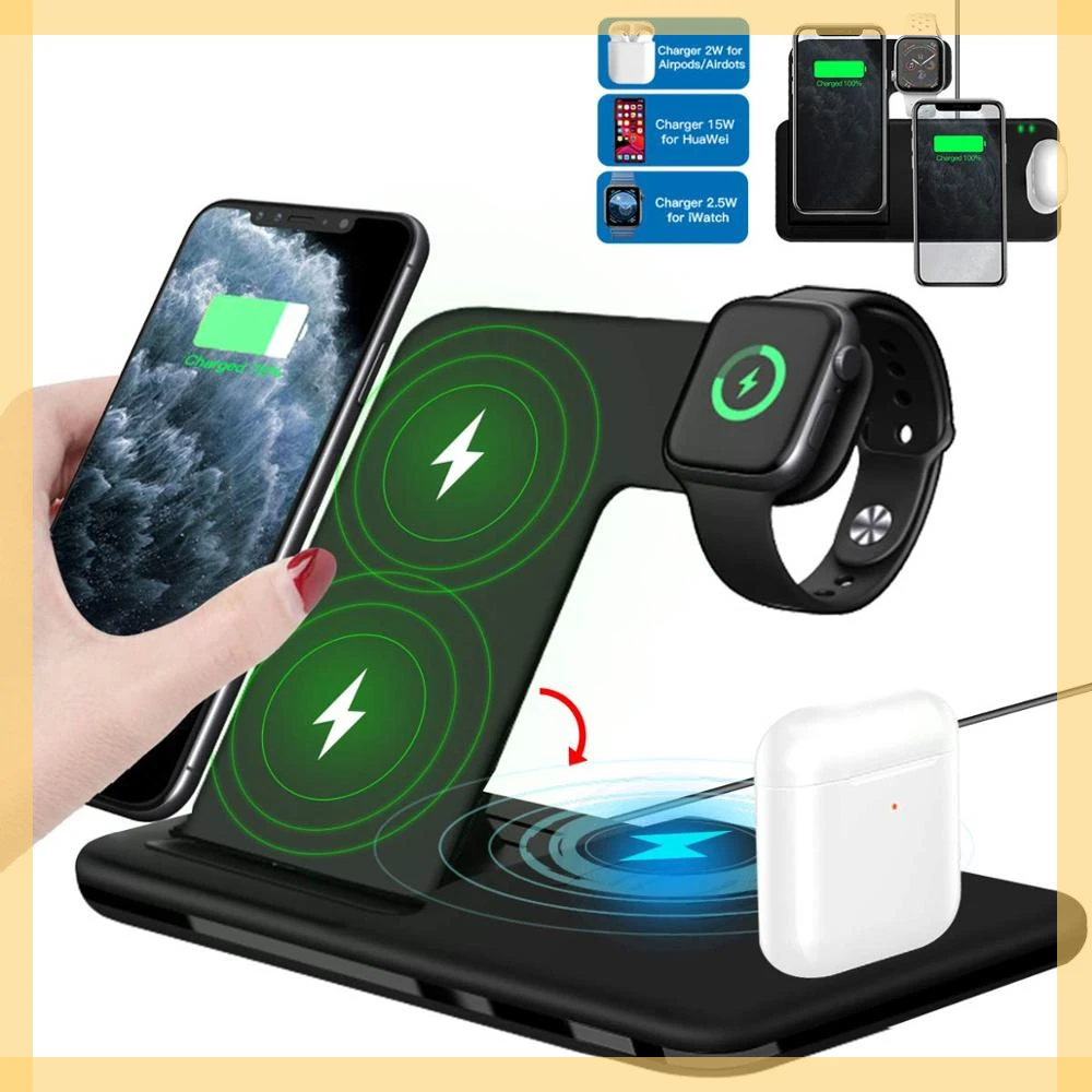 15W Qi Fast Wireless Charger Stand For iPhone 11 12 X 8  Watch 4 in 1 Foldable Charging Dock Station for airpods Pro