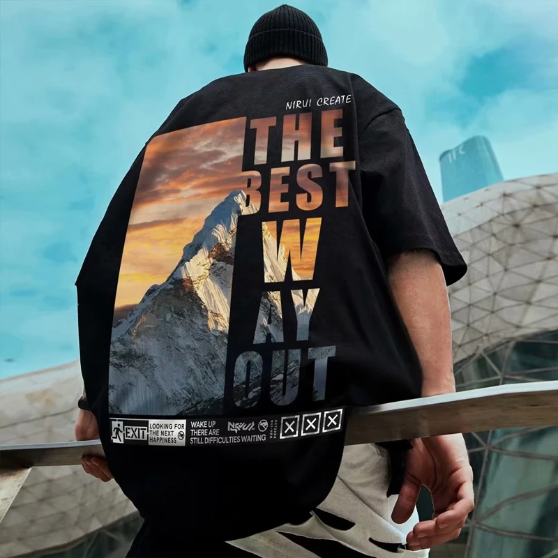 

High Quality T-shirts Snow Mountain Print Black Oversize Men Women Top Tee
